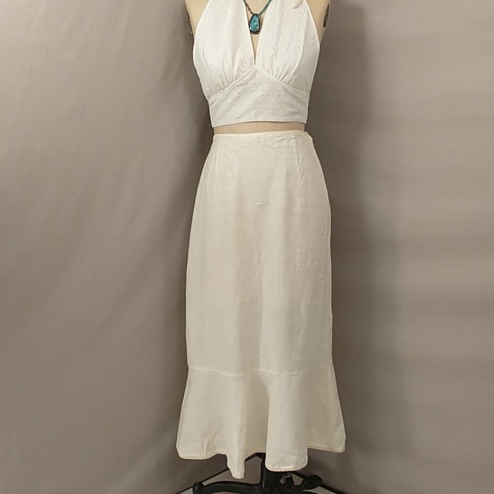 100% Linen Maxi Skirt Ivory White Whitewash Gubbio Deep Ruffle Hem SeeMeasure